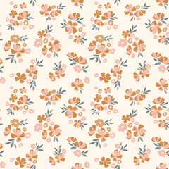 Vintage ditsy floral pattern. Floral vector seamless background in beige, brown and pink. Flower print for textile, fashion, home decor, wallpaper, gift wrap. - 394636435