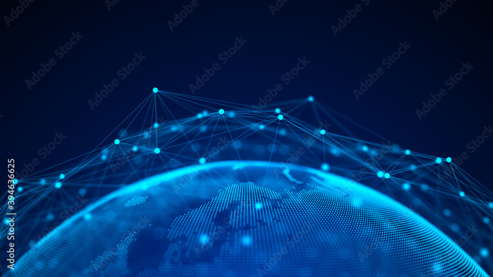 Poster global network connection. blue futuristic world map. concept of planet earth. 3d rendering.