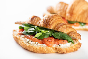 sandwich with salmon, spinach and cream cheese on a white isolated background, selective focus