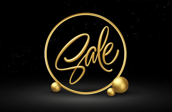 Realistic 3D Sale Gold lettering with golden decorative elements on black background. Vector illustration