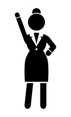 Black flat vector silhouette of businesswoman with hand up. Confident woman. Vector sketchy simplified figure of woman. Business website infographics. Female in strict black suit. Rounded edges shape