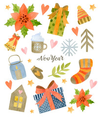 Watercolor drawings of greeting cards happy new year, christmas.
