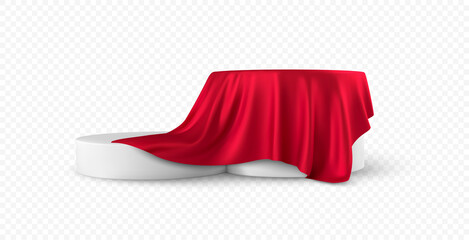 Realistic 3d round white product podium display covered red fabric drapery folds isolated on white background. Vector illustration