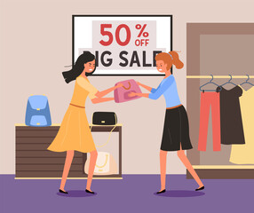 Girls are fighting over the bag. Woman in store are arguing during the sale. Discounts in boutique. Angry female characters are standing with a pouch in their hands. People debating about clothes