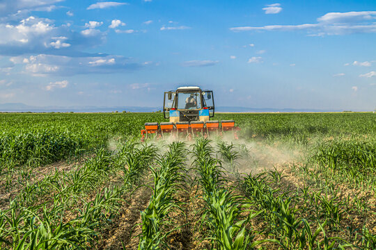 Tractor in the field applies fertilizer to the soil