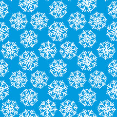 Beautiful white snowflakes isolated on a bluish background. Cute festive snowy seamless pattern. Vector flat graphic illustration. Christmas texture.