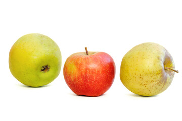  three apples on a white background in the center of red