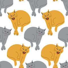 seamless pattern with funny colorful cartoon cats. On white background. Stock vector illustration.