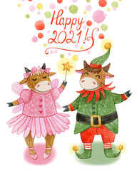 Watercolor christmas card with cute cow girl in pink fairy costume and bull boy in green elf Santaclaus costume. Hand-drawn greeting card for New Year and Christmas.