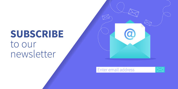 Subscribe to our newsletter web banner template. Opened envelope with new letter. Mail marketing, correspondence service delivery registration banner