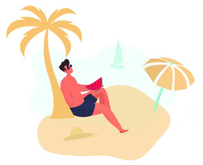 Obraz na płótnie Canvas Man Relax on the Beach Under Palm Tree. Beach Umbrella. Young Man Wearing Swimsuit in the Sunglasses Sunbathing at Sea. Hut on Sand. Beach Activity. Summer Holiday Relaxing.Flat Vector 