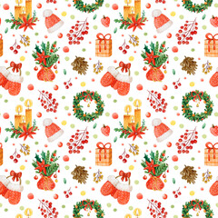 Watercolor seamless pattern with cute Christmas hats, gifts, Christmas tree branches and holly branches, cookies, cones. Christmas background for cards, wrapping paper