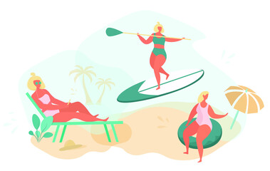 Beach Holiday and Activites at Sea, Surfing,Stand up Paddle and Sunbathe under Palm Tree Along Coast.Characters with Swim Ring.Summer Holiday Relaxing.Flat Vector Illustration