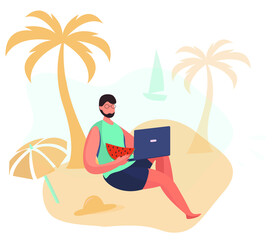 Obraz na płótnie Canvas Man Freelancer in Summer Wear Swimsuit Sitting on Beach under Palm Tree. Businessman Sitting at Coast and Working with Laptop.Watermelon and Beach Umbrella.Summer Holiday Relax.Vector Illustration