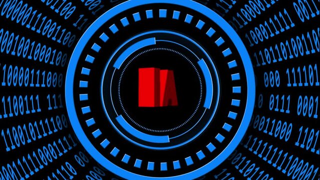 AI - abstract Artificial Intelligence background - speed movement of varying binary code arranged in cylinder shape - rotating letters into also rotating HUD elements - cyber technology and automation