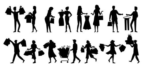 Set of silhouettes while shopping vector illustration. Group of shoppers with purchases in their hands preparing for the holidays. Men and women are buying gifts. Girls are choosing clothes