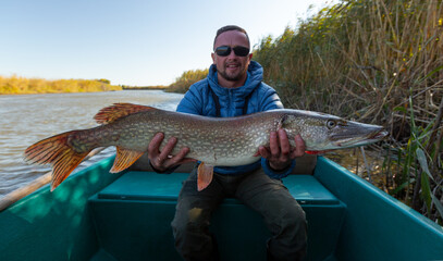 Angler with pike fish. Amateur fisherman holds trophy pike (Esox lucius) and sits in the boat with...