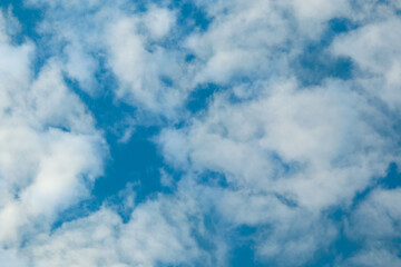 Fluffy cloud, beautiful summer. Clear cloudscape with cumulus clouds. Clean landscape environment, panoramic object. Smooth environmental atmosphere for wallpaper. Turquoise color