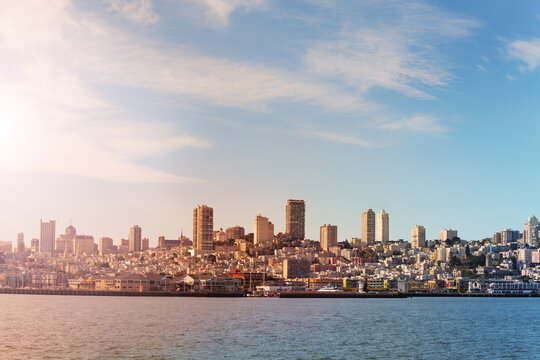 View from the water on San Francisco bay and downtown in evening light