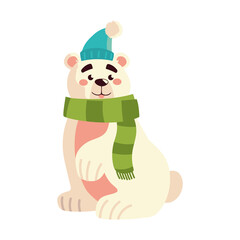 cute polar bear with scarf and hat character cartoon christmas on white background