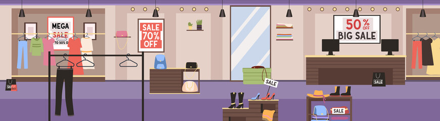 Big fashion super market. Female clothes in shopping mall. Shop or boutique during the sale. Discounts up to seventy percent. Counter with shoes. Clothes hangers and advertising posters on background