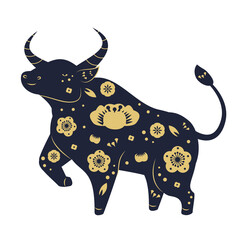 Bull decorated with golden flowers. Ox Chinese zodiac. Beautiful cow in folk style. vector animal Symbol for 2021 chinese new year celebration