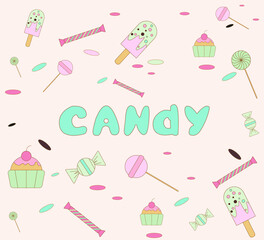 Candy set - lollipops, caramel, ice cream and cupcakes. Flat vector illustration, isolated objects