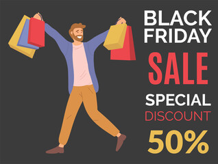 Young handsome happy guy buys presents on the sale. Male character with shopping bags in his hands on the black friday. Announcement of a special fifty percent discount. Holliday sales in the store