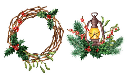 Watercolor set for Christmas and New Years wreath and lantern. Festive decor decorated with branches of mistletoe, holly, ilex, spruce, pine. Isolated on white background. Drawn by hand.