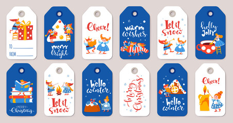Bundle of winter sale labels with cute elf characters on Christmas holidays