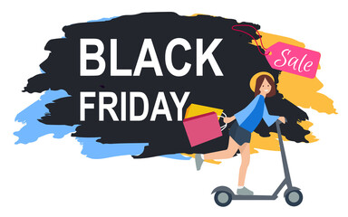 Promotion of sales and discounts in the shop. Woman shopping on black friday. Female character a scooter rides to the store. Young beautiful fashion shopper girl with the advertisement on background