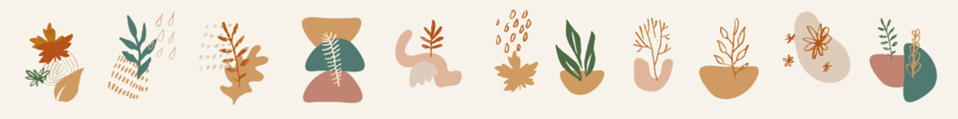 Autumn inspired abstract hand drawn compositions with fluid organic shapes for e-commerce, social marketing, prints. Trendy earthy pastel neutral brown terracotta colors. Vector floral illustration