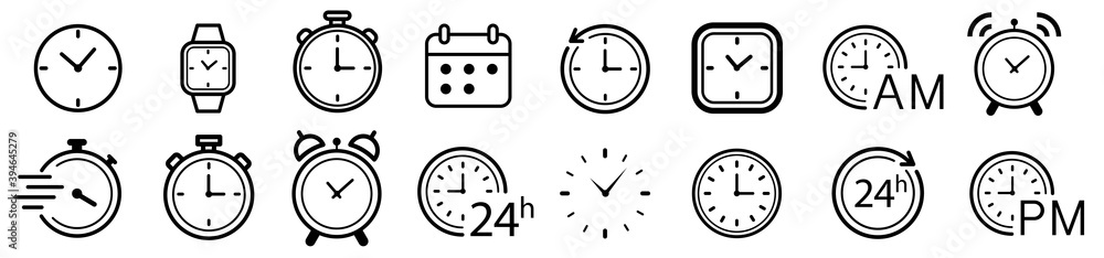 Poster vector time and clock icons set.clocks icon collection design. horizontal set of analog clock icon s