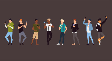 group young men characters using smartphone