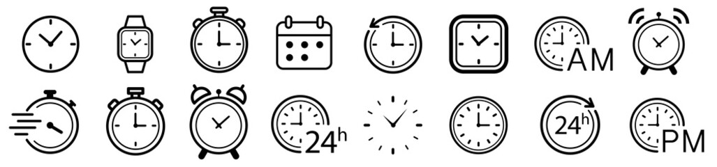Vector Time and Clock icons set.Clocks icon collection design. Horizontal set of analog clock icon symbol .Circle arrow icon.Vector illustration. - obrazy, fototapety, plakaty