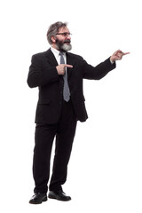 bearded business man pointing up. isolated on a white