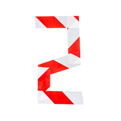 Number 2 is made of red and white warning tape. Isolated on white background