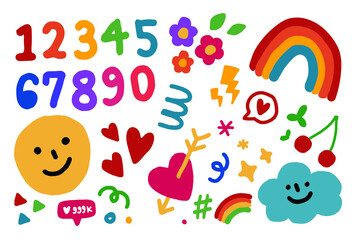 Vector hand drawn elements, party, birthday, smiley  faces, heart, wave.