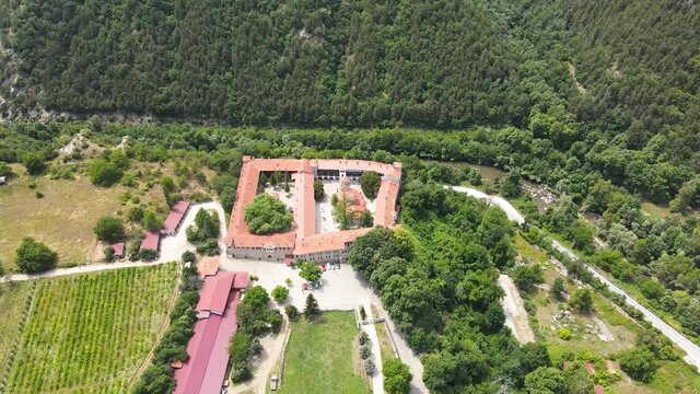 Aerial view of Medieval Bachkovo Monastery Dormition of the Mother of God, Bulgaria