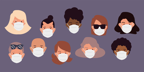 faces men and women in masks, protection from coronavirus outbreak