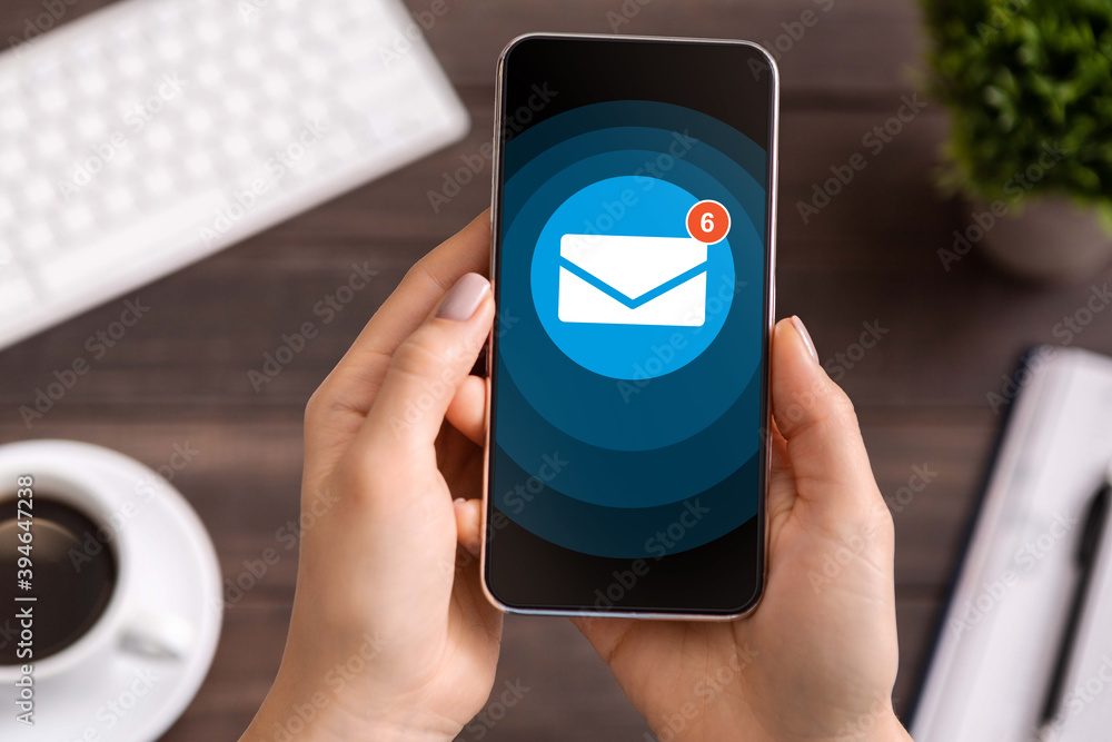 Poster collage of unrecognizable millennial woman using mobile phone with new email notification message on