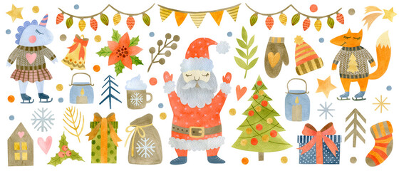 Watercolor set of New Year, Christmas elements isolated on white background.