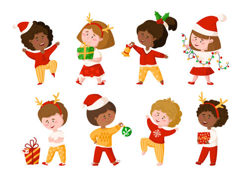Christmas and New Year kids clipart - cartoon boy and girl with garland, gift box, festive decorations, mistletoe, cute children in bright costumes - vector isolated images set