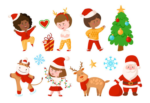 Christmas and New Year kids clipart - cartoon boy and girl, Christmas Tree, gift box, reindeer Rudolph, Santa Claus, cute cow, snowflake, festive decorations - vector isolated images set