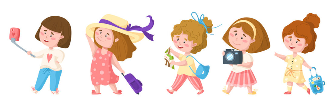 Traveling cartoon cute pretty girls, kids travel or vacation clipart bundle, people characters with trip suitcase, camera, mobile phone, map, sun hat - isolated elements on white background - vector