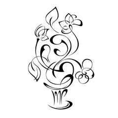 ornament 1395. stylized vase with flowers, leaves and curls in black lines on a white background