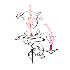 ornament 1397. two stylized wine bottles stand on a decorative stand