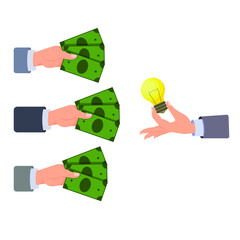Hand holds a light bulb. Three hands offer money. Concept: investing in an idea, selling an invention profitably, crowdfunding. Vector illustration, flat cartoon design, isolated on white background.