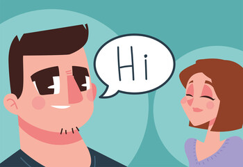 young man and woman talking character avatar in cartoon