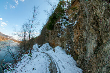 clearing in the winter mountains on a sunny day for outdoor activities and walks